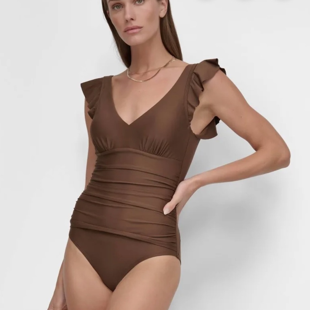 NWT DKNY Ruffled Underwire One Piece Swimsuit Mocha
